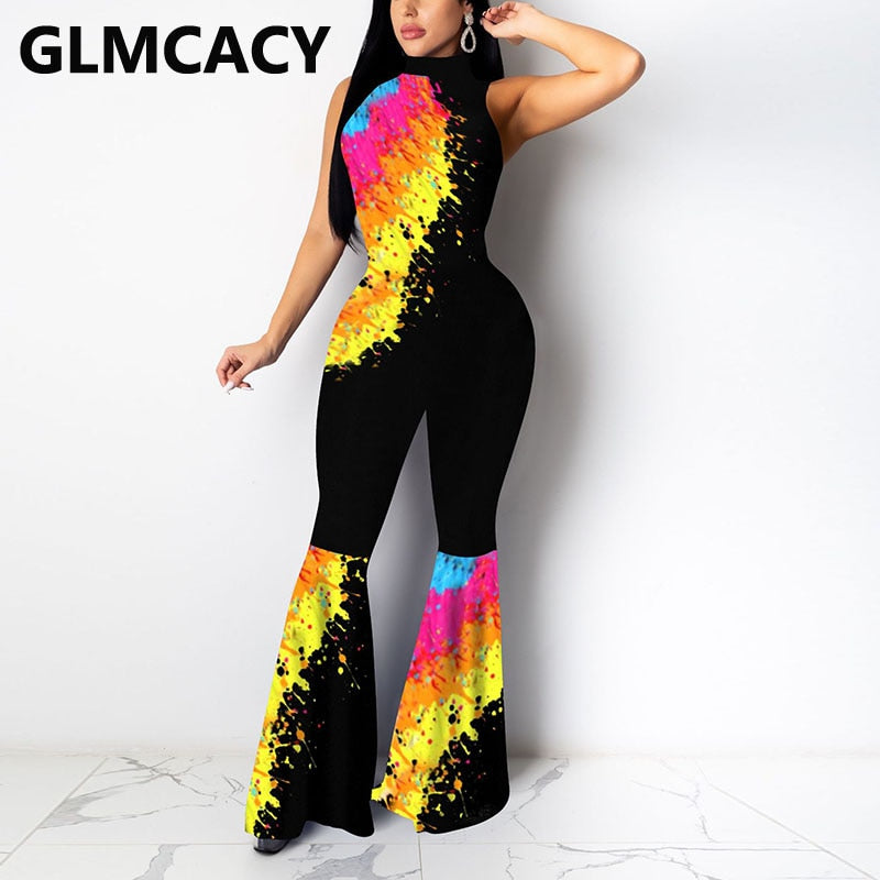 Women Pouring Painting Printed Jumpsuit Sleeveless Slim Elegant Overalls Flare Jumpsuits