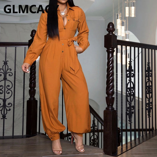 Women Long Sleeve Turn Down Collar Jumpsuit Solid Regular Button Down Jumpsuits Overalls