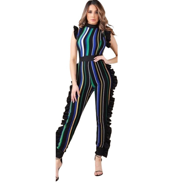 2018 Women Sexy Jumpsuits Striped Ruffles Details Bodycon Jumpsuit Sleeveless Full-length Skinny Jumpsuit Night Club
