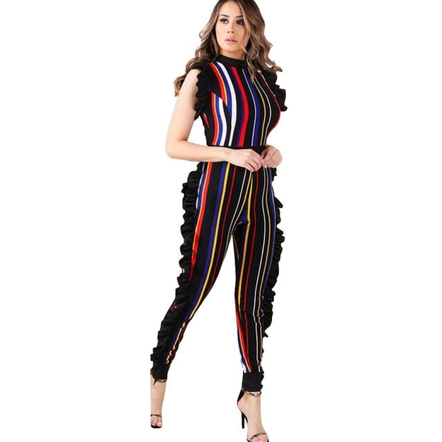 2018 Women Sexy Jumpsuits Striped Ruffles Details Bodycon Jumpsuit Sleeveless Full-length Skinny Jumpsuit Night Club